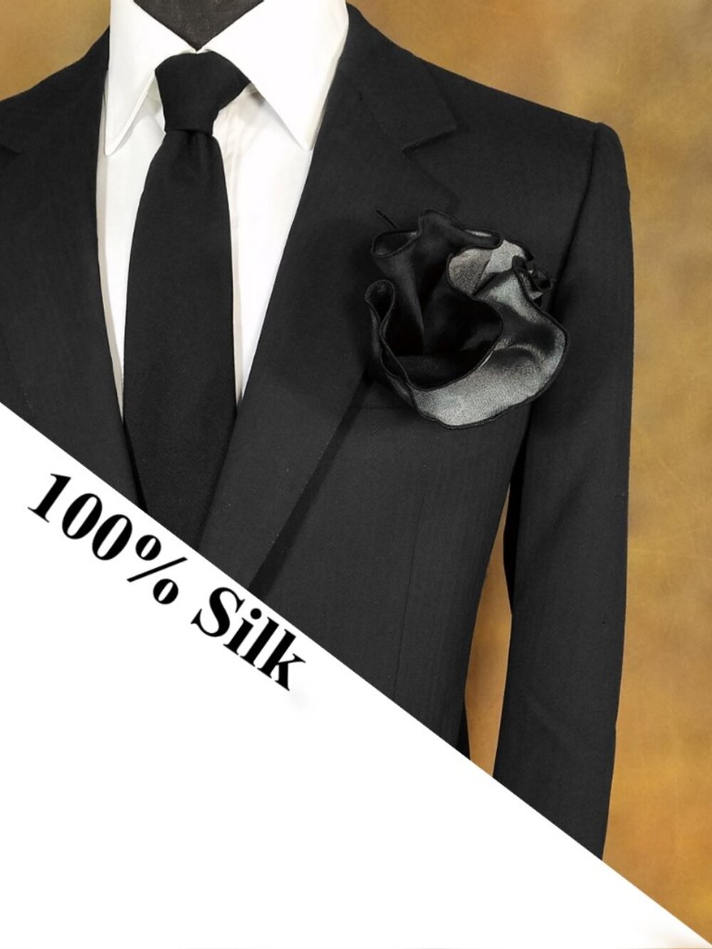NEW - 100% Silk - Two Sided Black & Charcoal Pouf Round Pocket Square